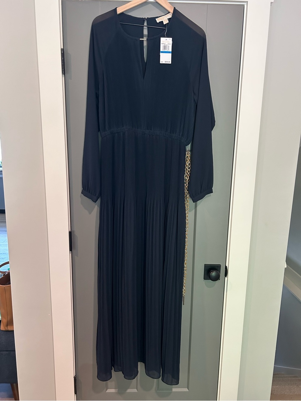 New Michael Kors Womenβs Long Sleeve Navy Blue Pleated Maxi Dress